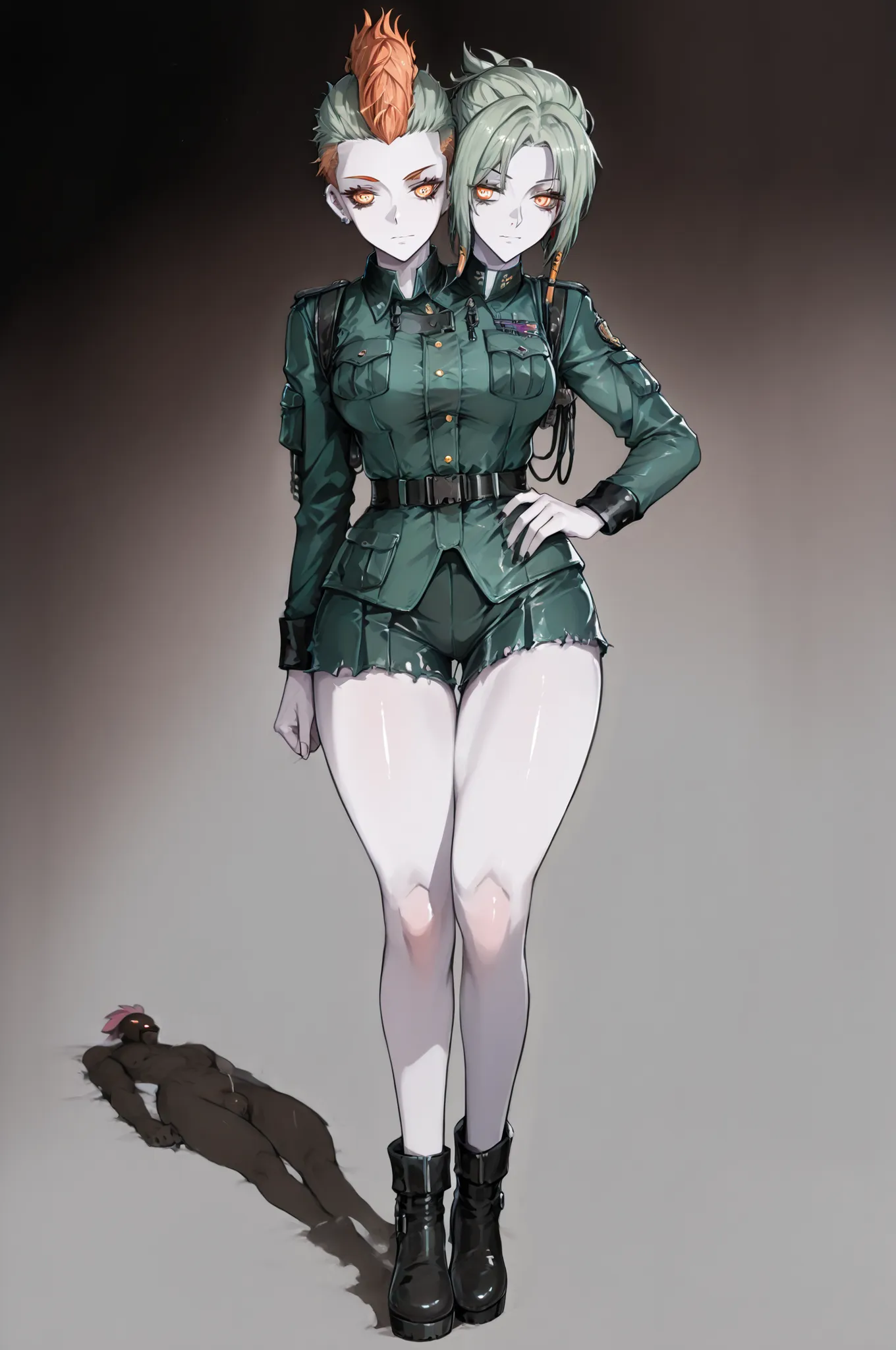 masterpiece, best quality, amazing quality, very aesthetic, high resolution, very aesthetic, hyper-detailed,rating_explicit, fan art, nsfw, mature beautiful woman, two-head monster girl, ginger hair, mohawk haircut, medium breasts, wide hips, pale skin,ful...