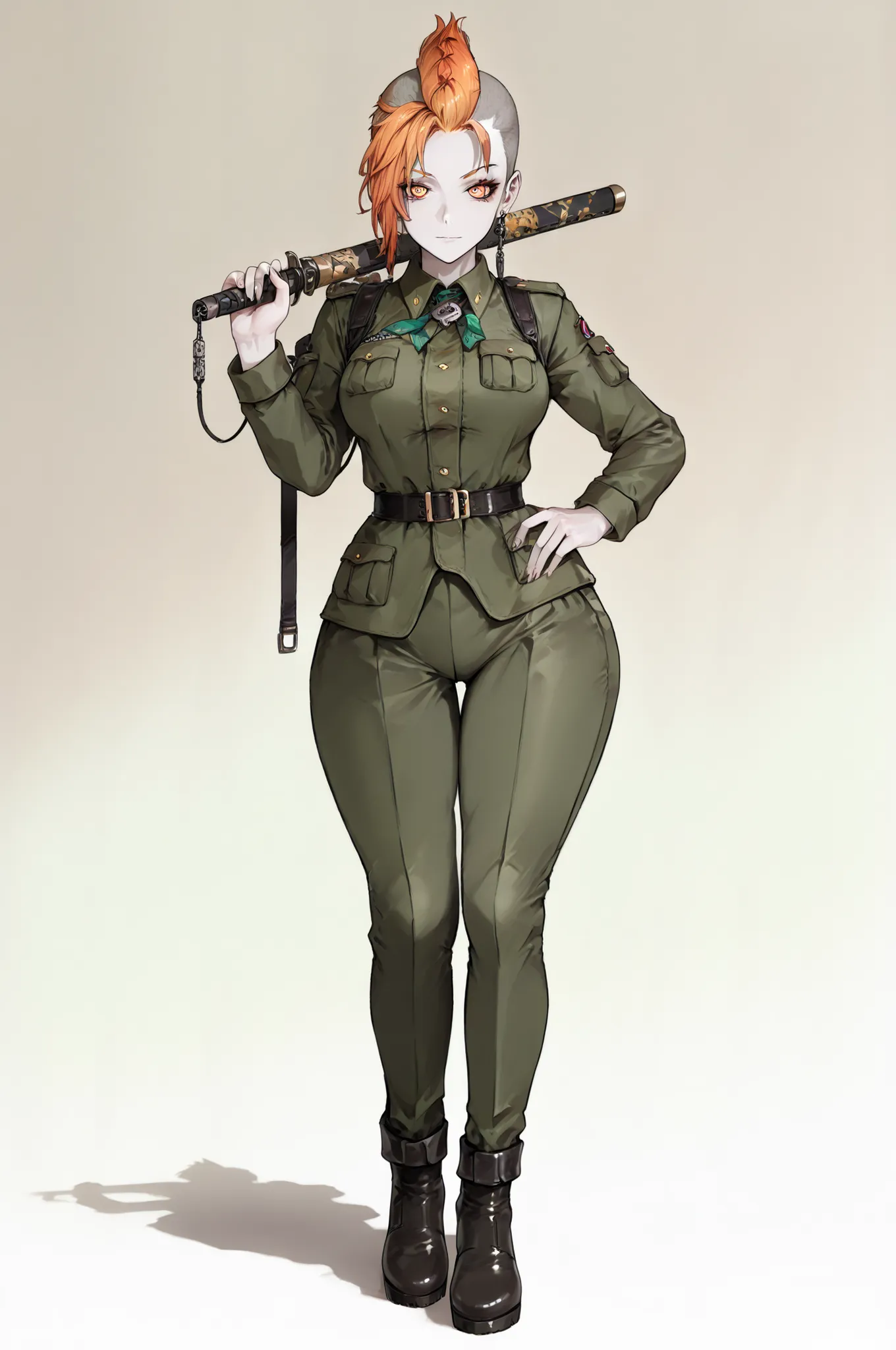 masterpiece, best quality, amazing quality, very aesthetic, high resolution, very aesthetic, hyper-detailed,rating_explicit, fan art, nsfw, mature beautiful woman, two-head monster girl, ginger hair, mohawk haircut, medium breasts, wide hips, pale skin,ful...