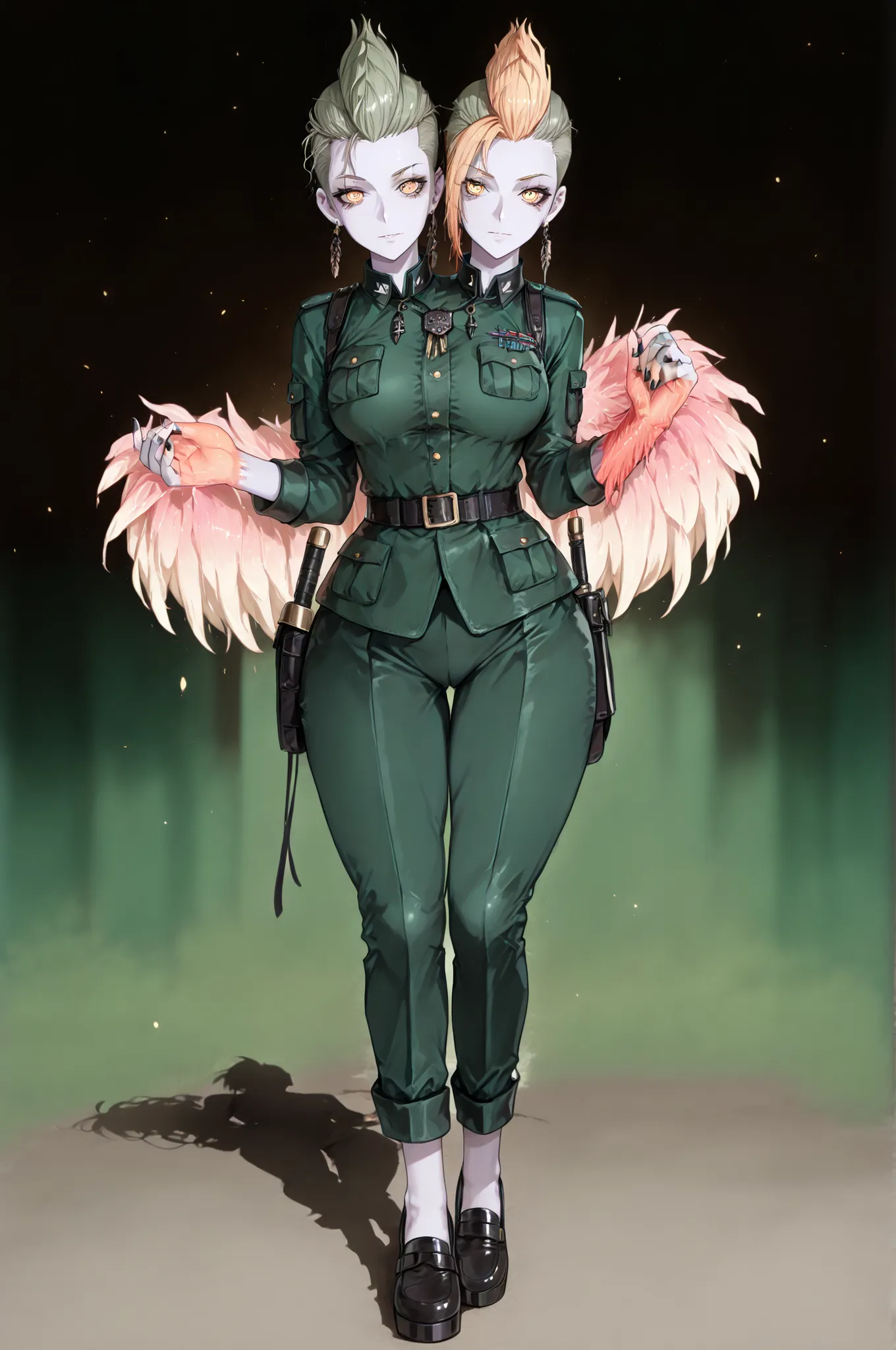 masterpiece, best quality, amazing quality, very aesthetic, high resolution, very aesthetic, hyper-detailed,rating_explicit, fan art, nsfw, mature beautiful woman, two-head monster girl, ginger hair, mohawk haircut, medium breasts, wide hips, pale skin,ful...