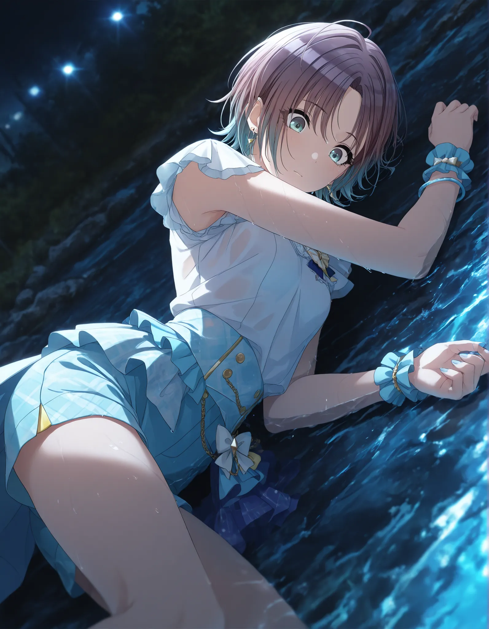  masterpiece,best quality, good quality, dark ,outdoors, ruin, ((cinematic light)) shanimas,  source_anime,asakura toru, short hair, brown hair, blue hair, blue eyes, wide eyed, , 1girl, solo, looking down, ahoge, bracelet, earrings, (white shirt, light bl...