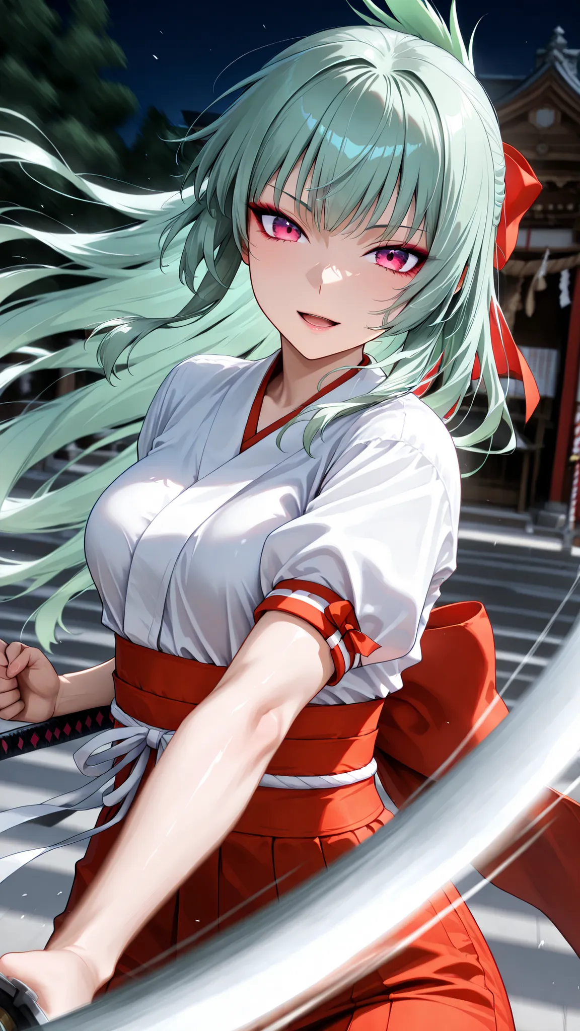 solo, kanzaki_saya,  long hair, mature woman, Tight waist、Small waist、shiny Skin ,  (upper body), light smile, miko outfit, (slashing,speed shutter),line,grab katana,(motion blur,motion lines:1.5),open mouth,shrine,night,sprinting,from front,looking at vie...