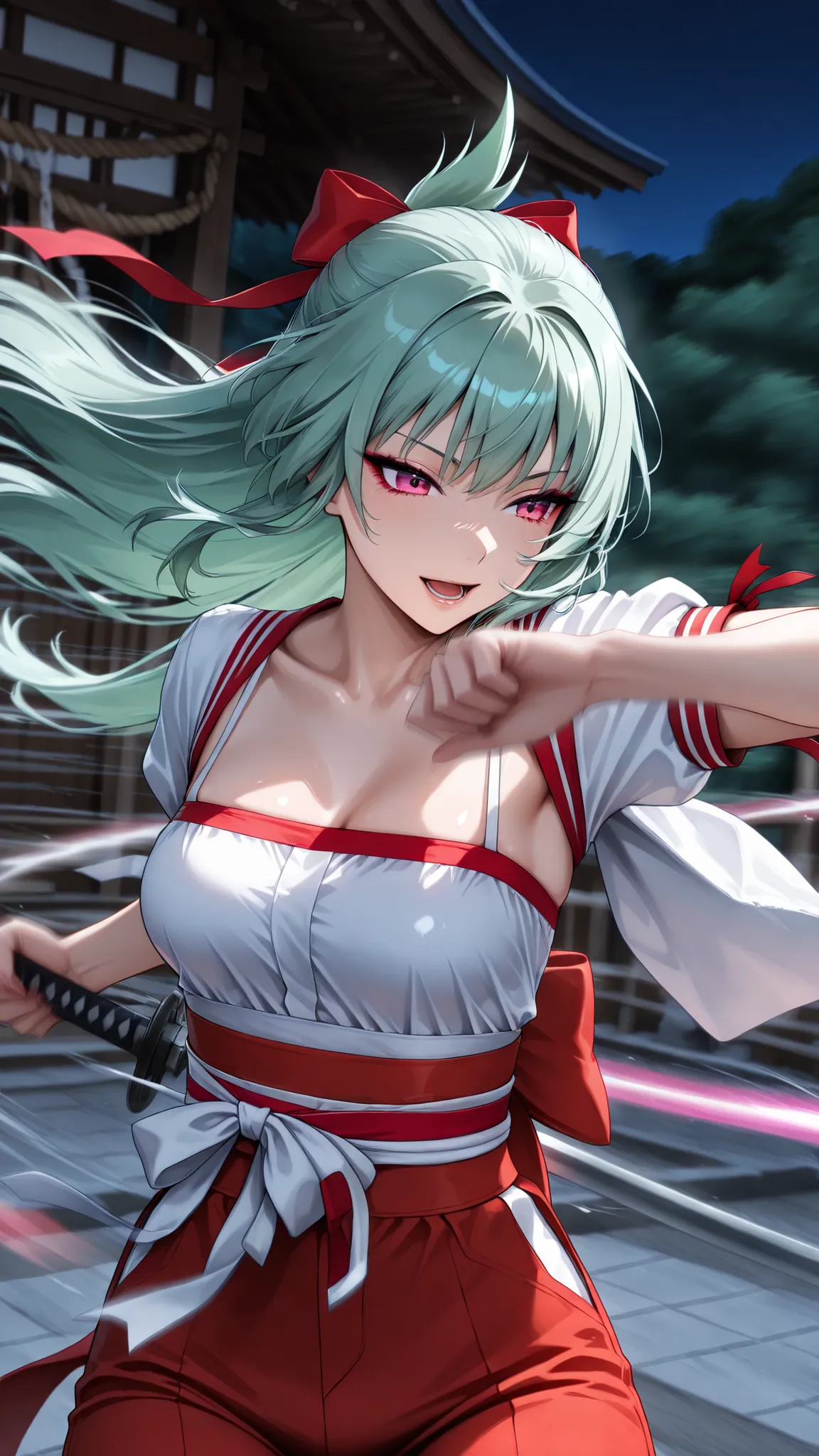 solo, kanzaki_saya,  long hair, mature woman, Tight waist、Small waist、shiny Skin ,  (upper body), light smile, miko outfit, (slashing,speed shutter),line,grab katana,(motion blur,motion lines:1.5),open mouth,shrine,night,sprinting,from front,(from above:0....