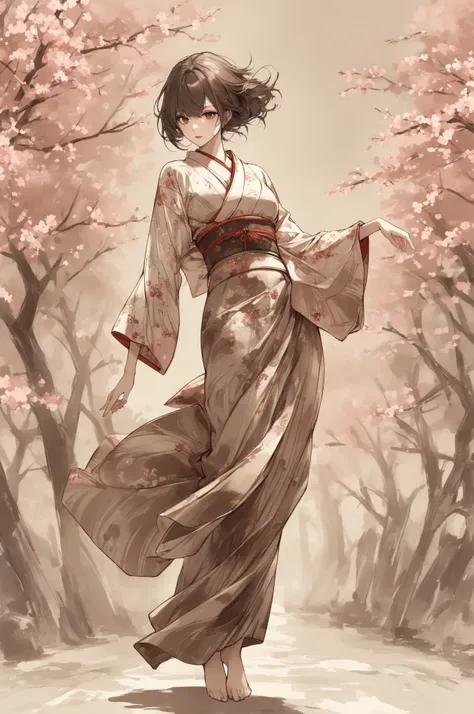    pop art、 Digital Art 、drawn with brown ink on white paper、 Japanese Kimono、Full Body、 Lashes、strong, deep, and glowing dark eyes、lips are red coordinated、with white and brown brush strokes 、 melancholy expression、Thin slanted 、highly detailed and dynamic、  express shadows with precise lines  、Delicate and accurate expression、Cherry blossoms dance in the background、modern art、Stroke Style, dark sepia filter