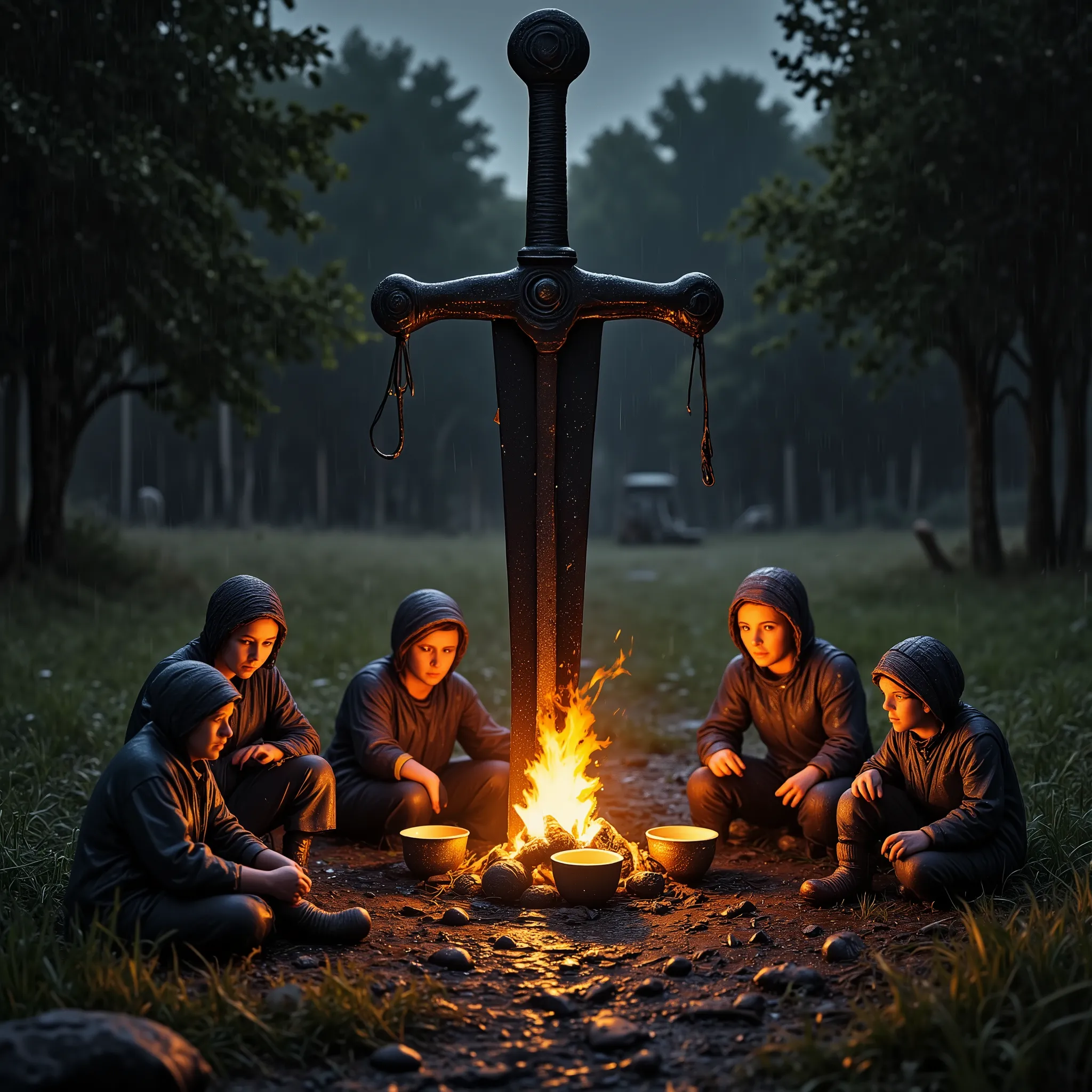  (it's pouring rain:1.8). Under a huge, black sword, the enormous and giant sword is planted in the ground, the handle is completely embedded in the earth, its handle stuck in the ground like a tree, A group of miniature adult travelers rests next to the b...