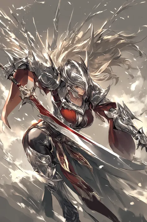 (masterpiece, best quality, amazing quality), A female high school swordsman. She is wearing a Japanese high school uniform. She is wearing silver gauntlets and steel shoulder pads. She holds the sword in her right hand. Her left hand is thrust forward. Ma...