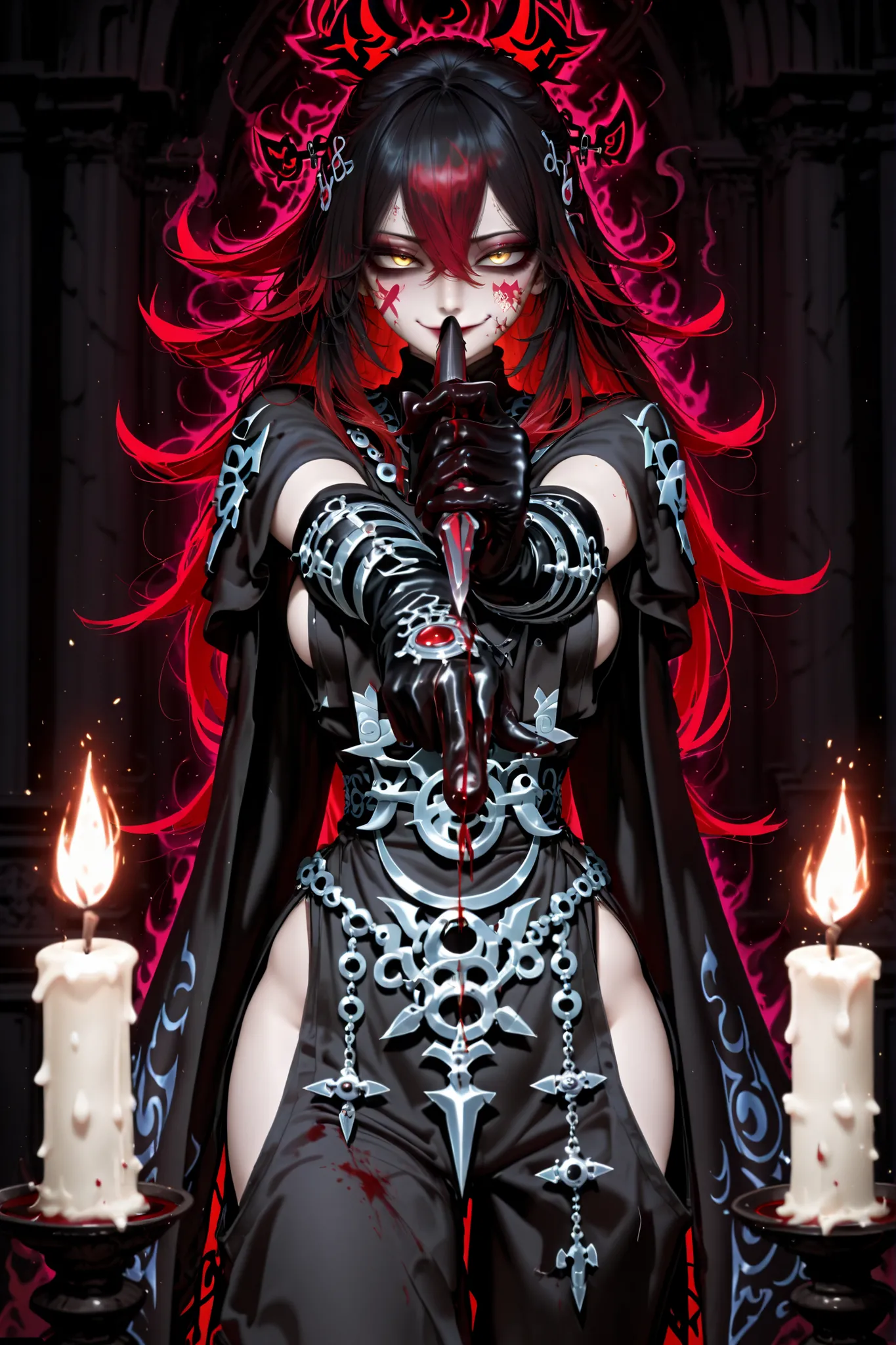 hair pins, face markings, yellow eyes, two toned hair, red hair, black hair, long hair, space buns hair style, woman, 1girl, killer pose, crazed look in eyes, holds a dagger in both hands, pointing one dagger forward with one hand, other hand levitates blo...
