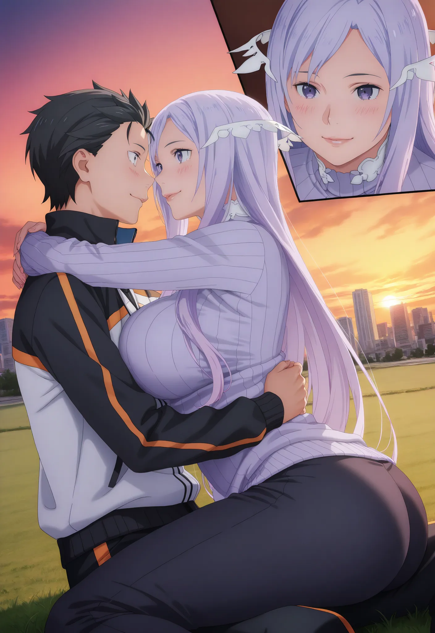 anime coloring, quinella, 1girl, Mature Female, long hair, light purple hair, purple eyes, hug breasts, big butt, ((turtleneck sweater, black pants,)), smile, Lips, view detailed body, (((Sexy,))) ((turtleneck sweater, black pants,)), (close-up), 1boy, nat...
