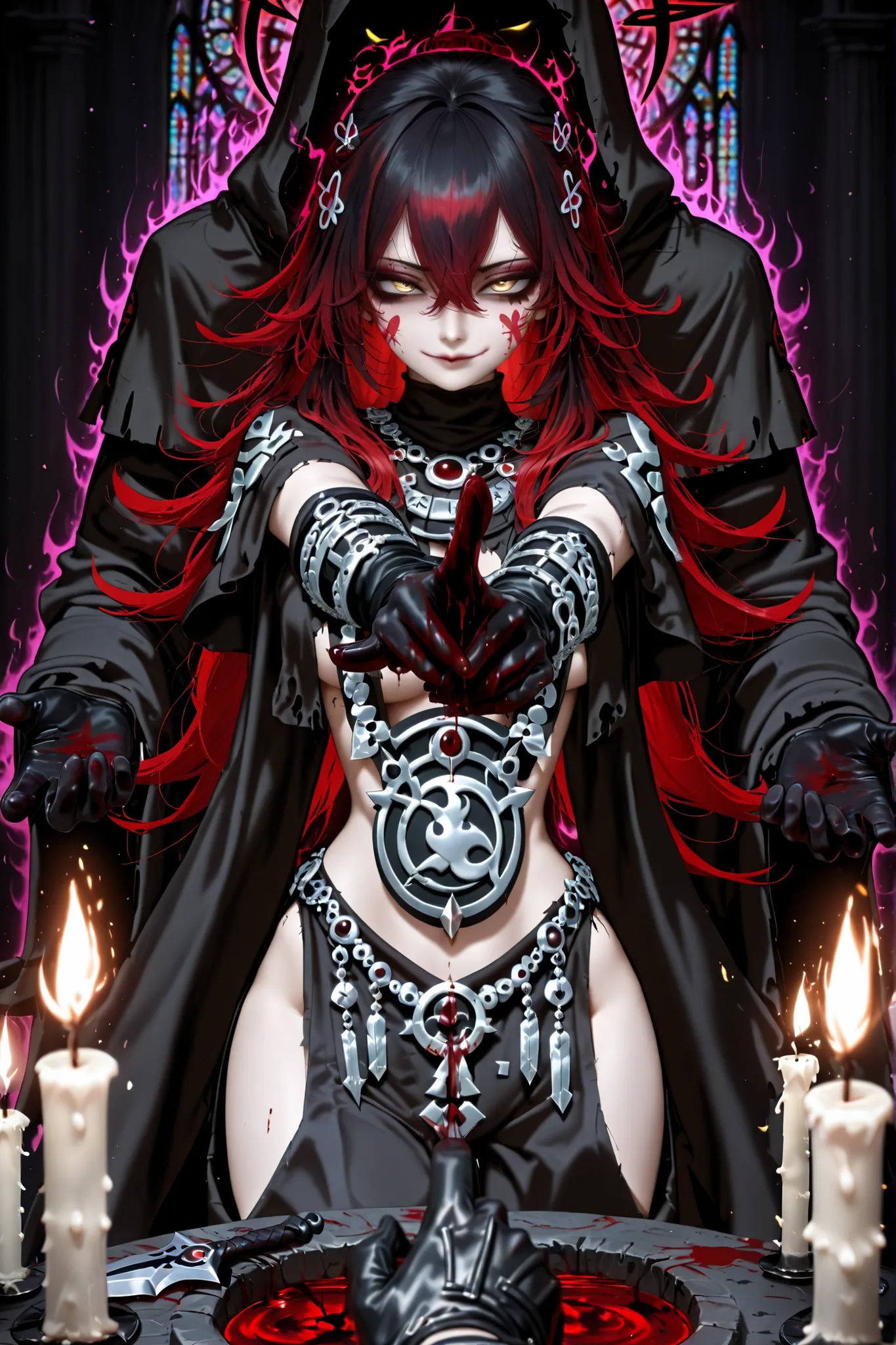 hair pins, face markings, yellow eyes, two toned hair, red hair, black hair, long hair, space buns hair style, woman, 1girl, killer pose, crazed look in eyes, holds a dagger in both hands, pointing one dagger forward with one hand, other hand levitates blo...