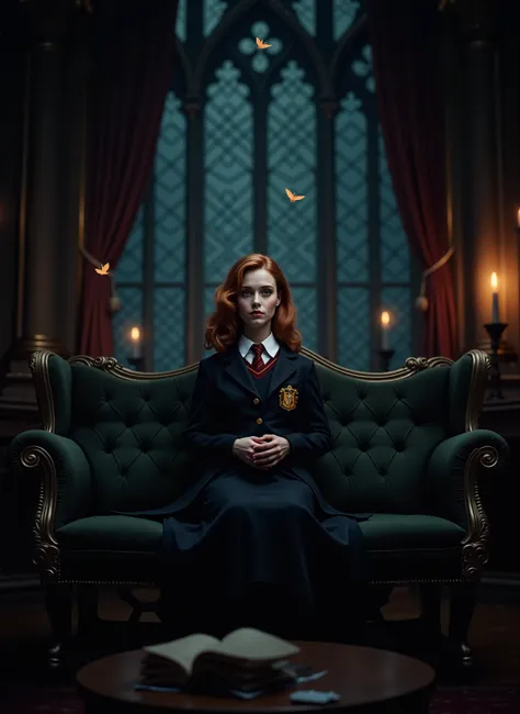 At night in a magical castle,  Hermione Jean Granger, in a Gryffindor school uniform, sits on a dark green sofa . 