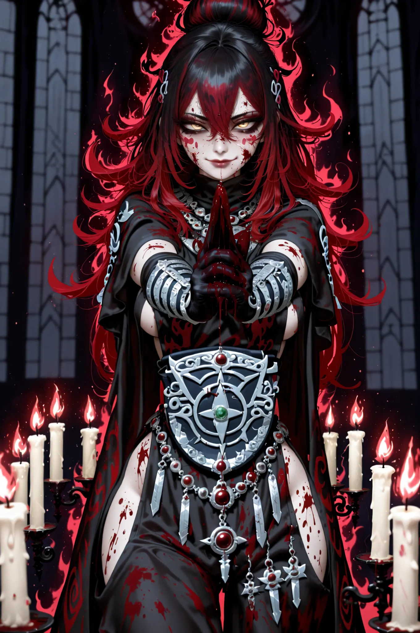 hair pins, face markings, yellow eyes, two toned hair, red hair, black hair, long hair, space buns hair style, woman, 1girl, killer pose, crazed look in eyes, holds a dagger in both hands, pointing one dagger forward with one hand, other hand levitates blo...