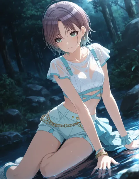 masterpiece,best quality, good quality, dark ,outdoors, ruin, ((cinematic light)) shanimas, source_anime,asakura toru, short hair, brown hair, blue hair, blue eyes, , , 1girl, solo, looking down, ahoge, bracelet, earrings, (white shirt, light blue shorts...