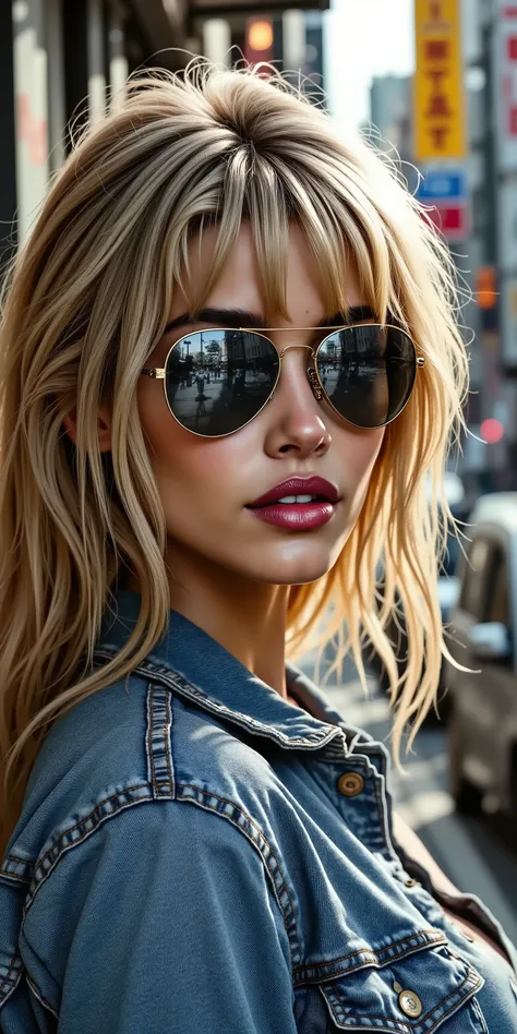 abstract inkwash image, closeup portrait of stunning woman, long loose blonde hair, bangs, mirrored aviator sunglasses, frayed denim jacket, leaning against a Tokyo street corner
