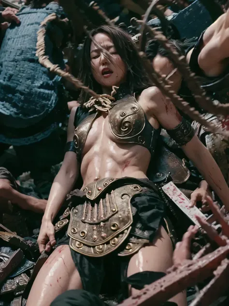 He was killed after losing a fight against a strong opponent , がon the ground仰向けに横たわっています , I spread my hands straight to the left and right , Bloodstain, , ryona, やBloodstainが付着している, nsfw, clothes torn and breasts visible , Nipples, and st...