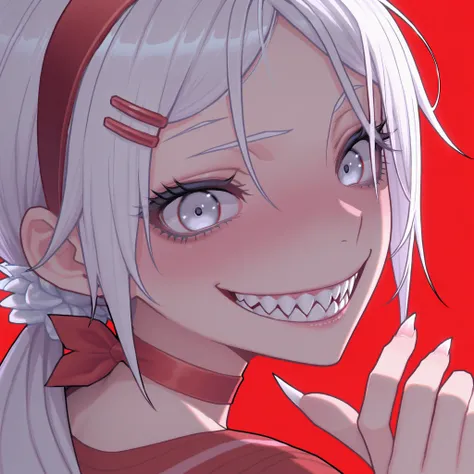 ,highres, hi res, best quality, masterpiece, 2d, intricate details, 4k, anime coloring, shadow, sfw, eyelashes, nose, nose blush,anime , anime face, long hair , white hair, white eyes, red hairband, red hairclips , hair ornament , twintails , low twinta...