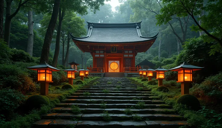 (The precincts of an old vermilion Japanese shrine that appears when you go up the mossy stone steps:1.5),(An old majestic shrine that appears when you climb the mossy stone steps lined with fantastic stone lanterns:1.5), (glowing fireflies are flying arou...