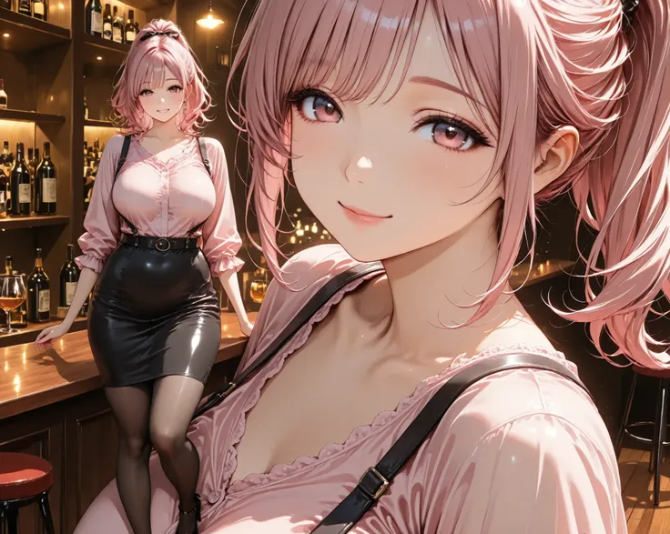 high ponytail,close up,looking viewer,(curvy),pink hair, pink shirt, black suspenders ,black tight skirt,high heels,clear makeup,smile,((standing)),in the bar