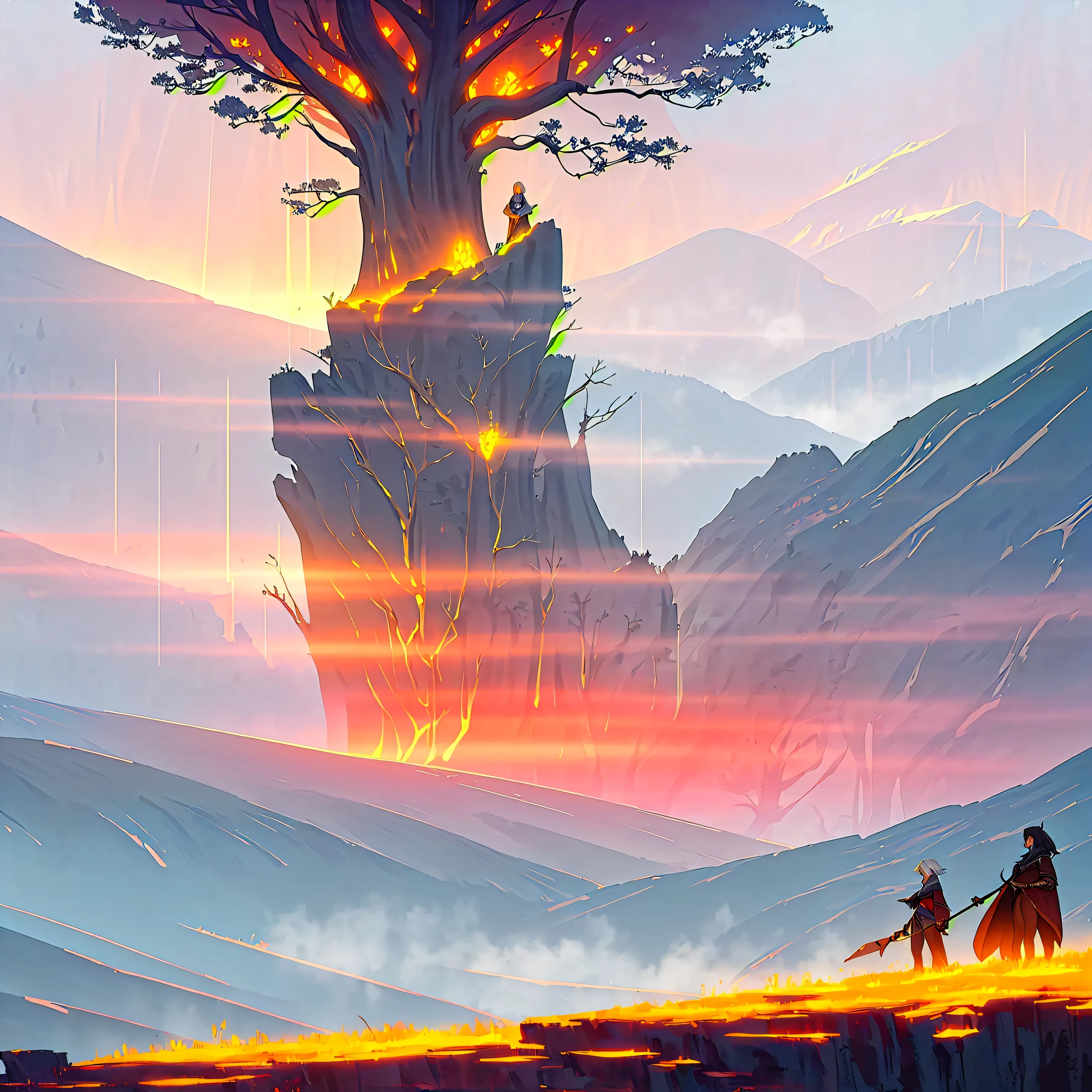 (masterpiece, best quality, ultra-detailed, award-winning concept art), a breathtaking, cinematic fantasy scene of a colossal majestic tree with glowing roots, perched atop a floating stone island, centered perfectly in the frame. Surrounded by misty air a...