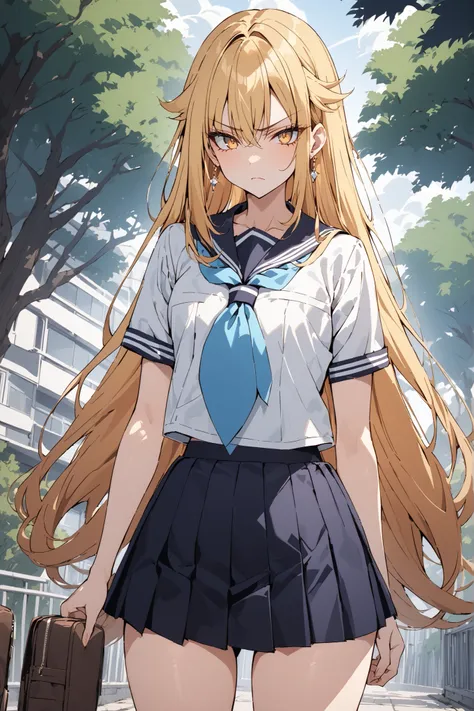 ((Ultimate Masterpiece,top quality:1.2)),(soro),A cool woman with a very slender figure stands at school,(Very thin thighs),cowboy shot with a close cute face,beautiful skin,Very long, straight blonde hair, perfect yellow eyes , tree eyes ,serious expres...