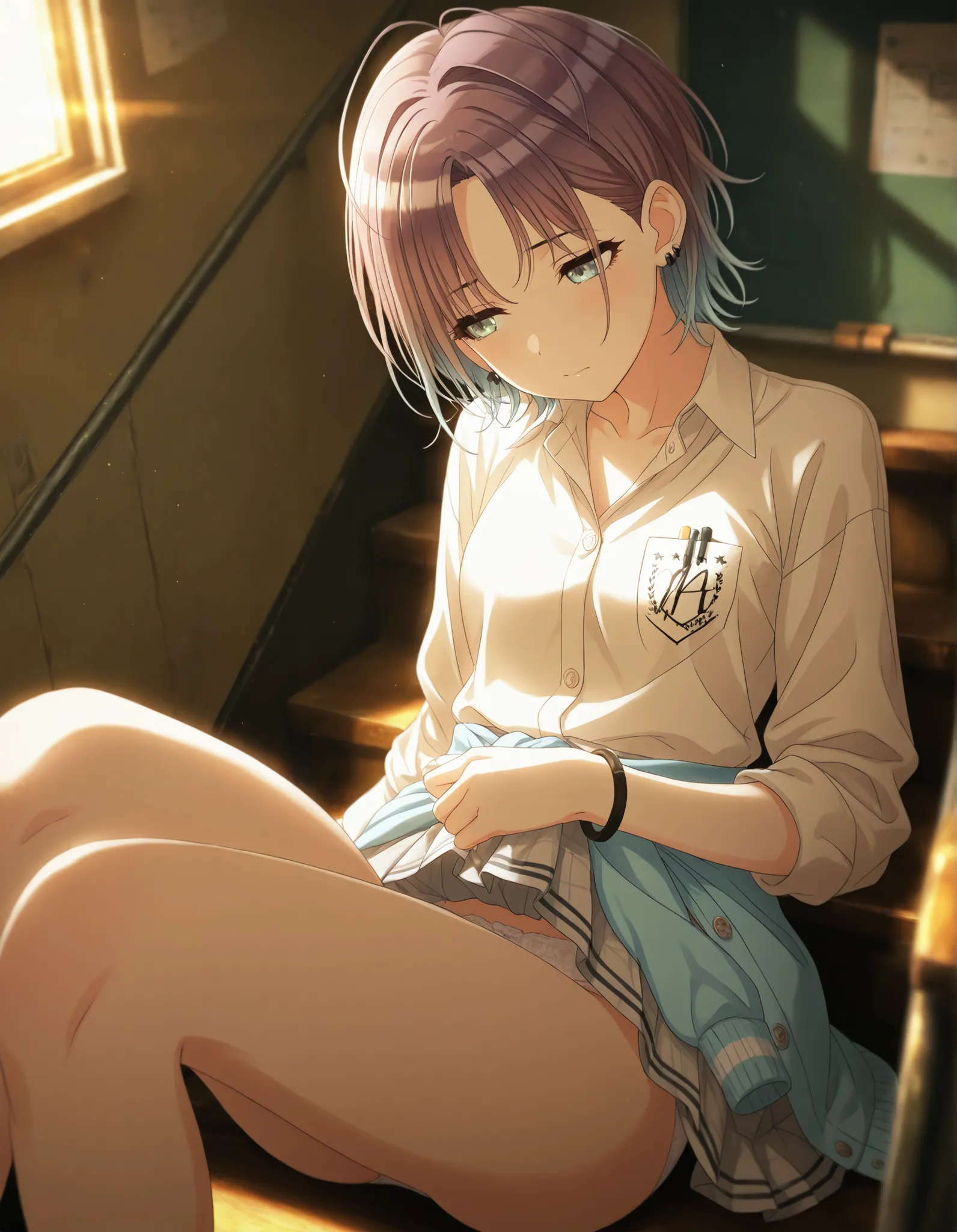  masterpiece,best quality, good quality, dark ,class room ,indoors,((cinematic light)) shanimas,  source_anime,asakura toru, short hair, brown hair, blue hair, blue eyes, half-closed eyes, , 1girl, solo, looking away, ahoge, bracelet, earrings, (white shir...