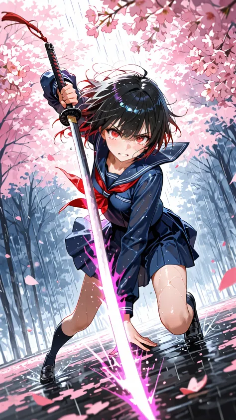 colorful,(((watercolor-style))),(((watercolor))),((no outline)),((no border)),blurry,,masterpiece, top quality, Extremely Emotional Scenes , slashes at viewers with a sword, Wearing a Wet Sailor Suit, Japanese high school girl swordsman with black hair, te...