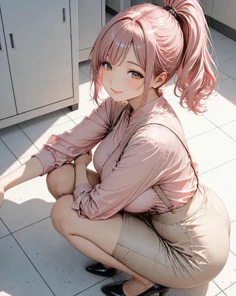 From above,side view,high ponytail,looking viewer,curvy,pink hair, pink shirt, beige suspenders ,beige skirt,high heels,clear makeup,smile, crouching,office