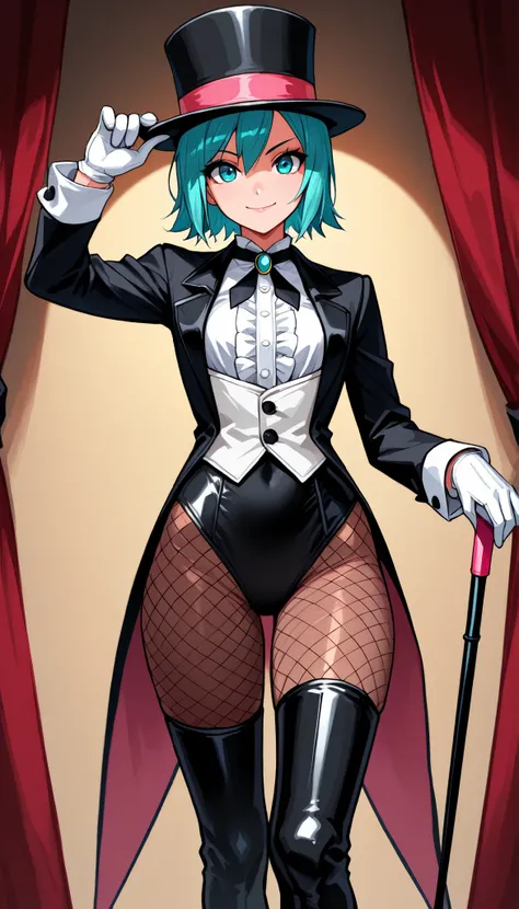 masterpiece, best quality, solo, 1girl, magicianmiku, serious smile, rouge lip liner,looking at viewer, standing, holding cane, hat tip, aqua hair, short hair, top hat, aqua eyes, tailcoat, coattails, white vest, buttons, white shirt, center frills, neck ...