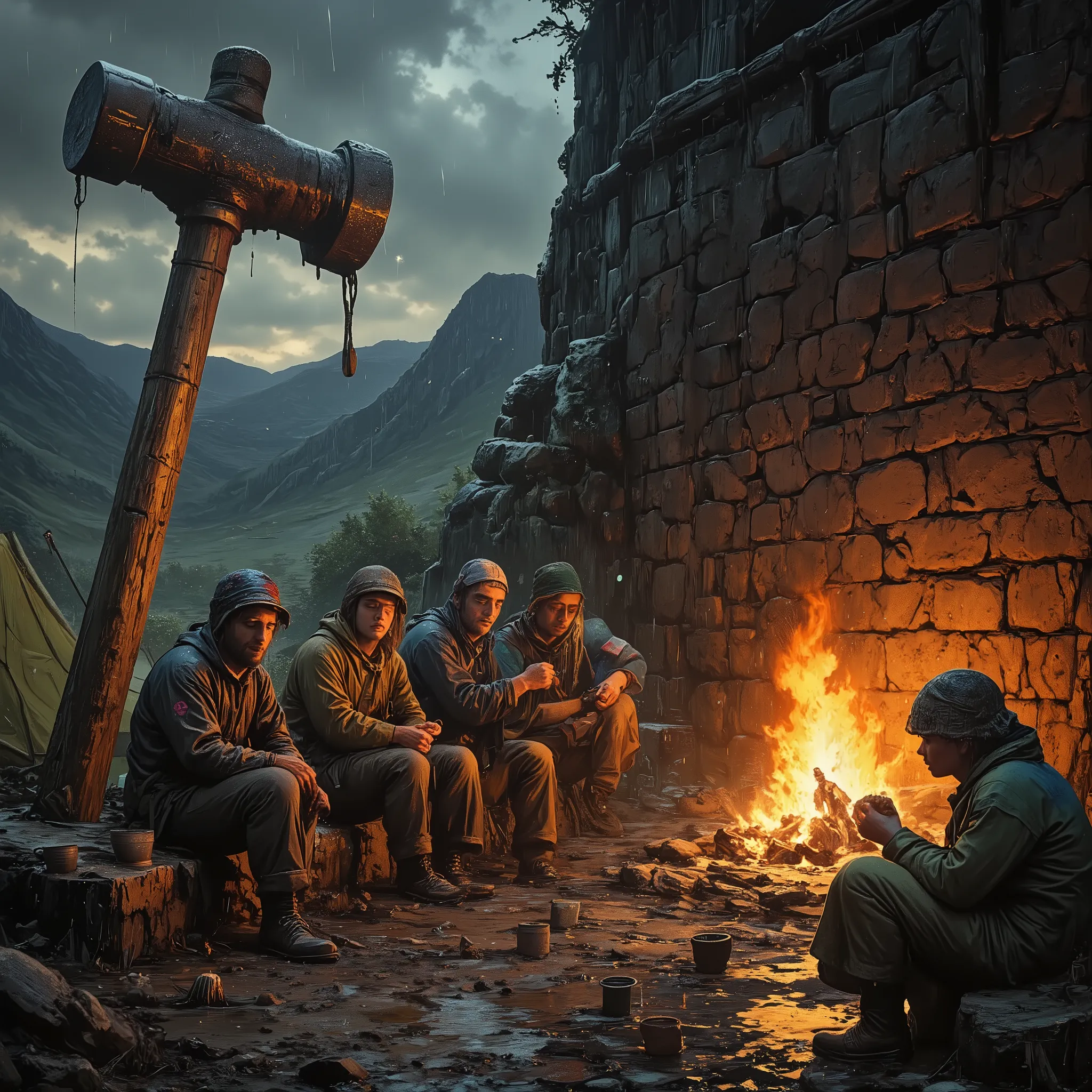  (it's pouring rain:1.8). Under a huge hammer, the enormous and giant hammer is planted in the ground, the handle is completely embedded in the earth, its handle stuck in the ground like a tree, A group of miniature adult travelers rests next to the wall. ...