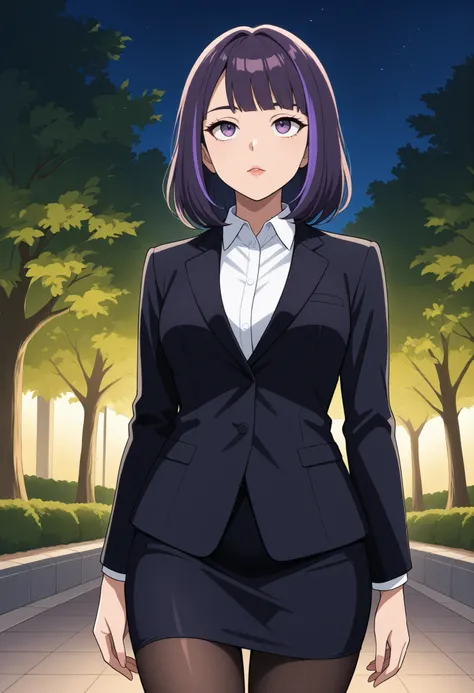 score_9, score_8_up, score_7_up, source_anime,a woman ,solo ,  Rika Honjouji, medium hair, bangs, purple hair, purple eyes, streaked hair, medium breasts,rouge lips, shirt, jacket, white shirt, collared shirt, formal, suit,pencil skirt ,pantyhose, park, ni...