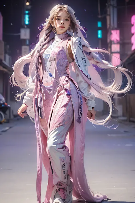 highest quality, Very detailed, masterpiece, Two women posing,(((Perfect female body))),Very beautiful face, Very beautiful body,Gentle expression, Very beautiful eyes,(Perfect Makeup:1.1),Fashion Model,Cyberpunk Fashion,Cinematic Light,Curly Hair,Shaggy H...