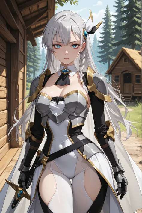 1girl, Allucia, side braid, long hair, grey hair, blue eyes, hair ornament, white cape, detached collar, black ascot, pauldrons, armored dress, white leotard, medium breasts, gauntlets, black belt, sheathed, sword, thigh cutout, white pantyhose, outdoors,...