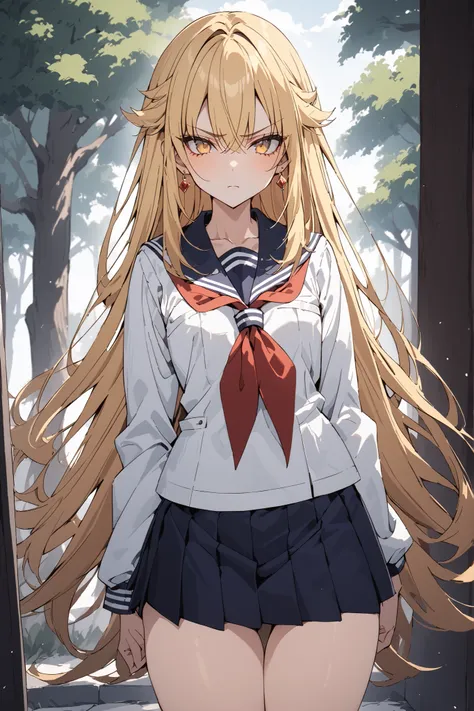 ((Ultimate Masterpiece,top quality:1.2)),(soro),A cool woman with a very slender figure stands at school,(Very thin thighs),cowboy shot with a close cute face,beautiful skin,Very long, straight blonde hair, perfect yellow eyes , tree eyes ,serious expres...