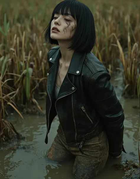 artistic portrait, ugly mature mom over 30. withered, turns stuck in sludge murky vegetation mud, black bob haircut. dirty messy leather biker jacket and leather biker skinny pants. Tormented in lust ,reeds, polluted duckweed vegetation, strong bags under ...