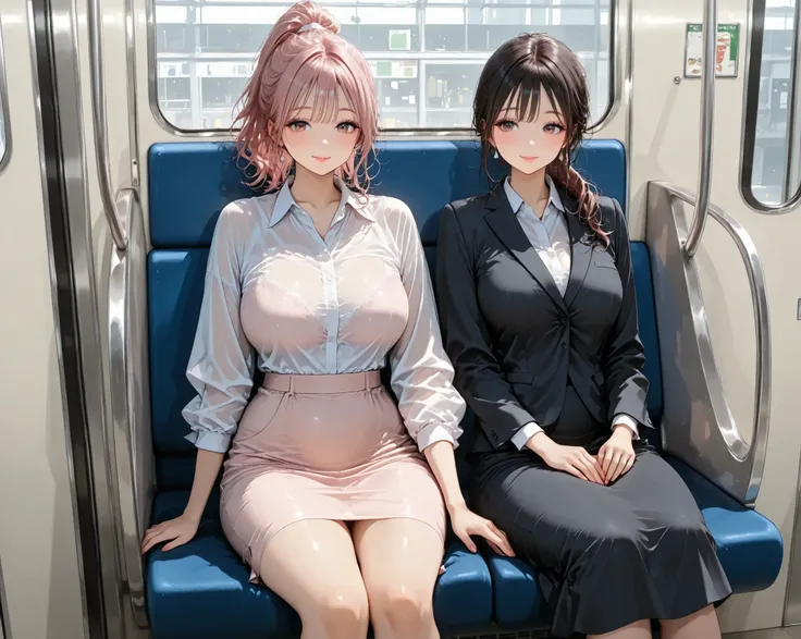 (glamorous),(curvy),sitting seat,high ponytail,looking other,pink hair,clear makeup,office lady,medium skirt,subway