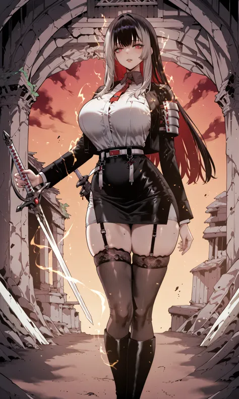 caveの中、、Ruins、Attach a、black suit、Attach a、sword、Japanese sword、black suitを羽織る、black suit、Wear a black jacket、ゴスロリなshirt、Depressed、Tall Woman、A woman in her thirties、 Alassah's woman、Steins;Gate、black suit、score_9, score_8_up, score_7_up, Source_anime,mast...