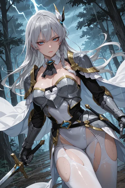 1girl, Allucia, side braid, long hair, grey hair, blue eyes, hair ornament, white cape, detached collar, black ascot, pauldrons, armored dress, white leotard, medium breasts, gauntlets, black belt, sheathed, sword, thigh cutout, white pantyhose, outdoors,...