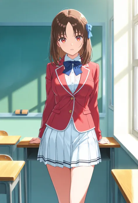 masterpiece, HD, best quality, 1girl, kiyotaka_ayanokouji, medium hair, hair bow, brown hair, medium breasts , bangs, parted bangs, school uniform, red blazer, blue bowtie , lace blouse, White pleated skirt, thigh ,Glossy lips ,looking at viewer, standing...
