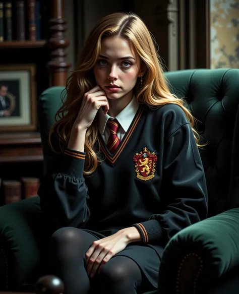 gloomy lighting from the right, At night, Hermione Jean Granger sits in a Gryffindor school uniform, pensive facial features, in a magical castle on a dark green sofa, The heraldic animal of Gryffindor is a lion and the colors are scarlet red and gold.