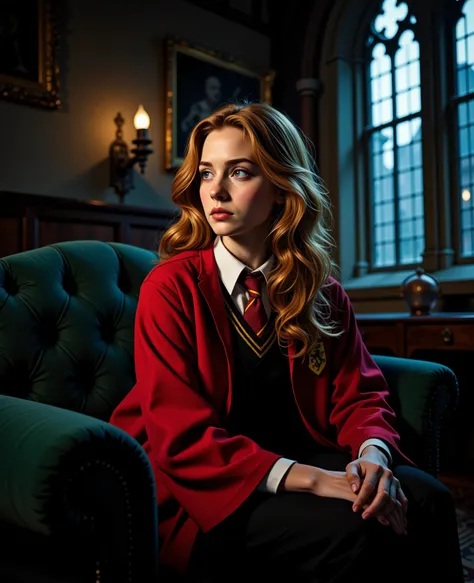 gloomy lighting from the right, At night, Hermione Jean Granger sits in a Gryffindor school uniform, pensive facial features, in a magical castle on a dark green sofa, The heraldic animal of Gryffindor is a lion and the colors are scarlet red and gold.