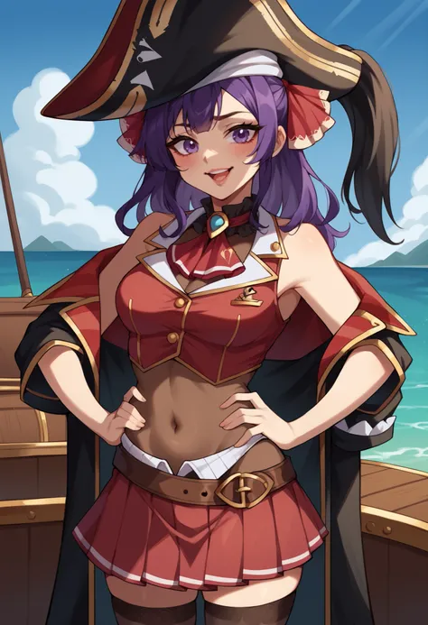 score_9, score_8_up, score_7_up, source_anime,  rika honjouji, long hair, bangs, purple hair, purple eyes, streaked hair, medium breasts,,  marinehoushoucosplay, houshou marine (cosplay), ascot, belt, black choker, black coat, black thighhighs, brown belt,...