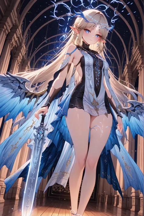 Front Angle, (High Fantasy, Ultra Detailed, Masterpiece, Sharp Focus, 8k), {Fleurdelys from the game Wuthering Waves}:(Elegant celestial empress with long, flowing silver-blonde hair and a golden horn protruding from her forehead, adorned with a crown of ...
