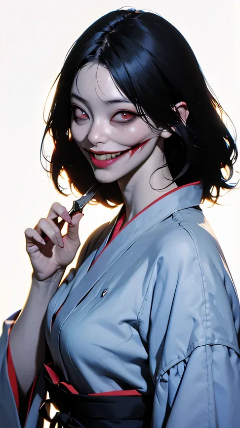Kuchisake Onna in dark night alley street holding pair of scissors with blood. Wearing Black Kimono. (waist up), High Resolution, Backlighting, Ukiyo-e, Accurate, High Details, UHD, Textured Skin, Black Hair, Bangs, Bob Cut, Evil Smile, Evil, Devil eyes,Ey...