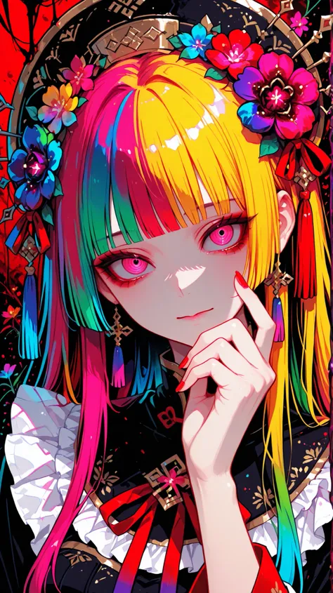 Woman, solo, red nails, viewers nearby, Bang, pink eyes, long hair, hair ornament, hand up, Flower, blunt Bang, closed mouth, Tassel, ribbon, portrait, colorful, red background, frills, Multi Colored Hair, upper body,((colorful)),((horror))