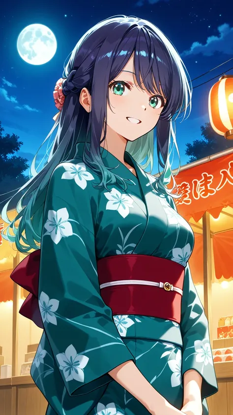 alone (Kurokawa Akane, blue-green eyes and midnight blue hair long hair)small breasts, happy, kimono festival,  moon in the background, image quality throughout
