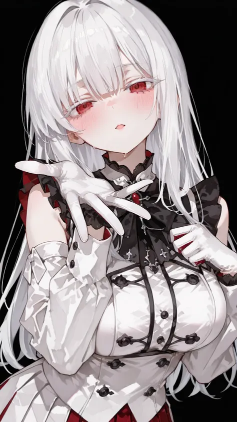 girl,white hair,in red eyes,long hair,slim,standing,White eyelashes,black background,ขี้ shy,upper body shape,กำลังshy, shy,shy, psychopaths ,slim,Big Breasts,Gothic Lolita White,cute,sweats,Clothing Sleeves ,Sleeveless Chopped Sleeve Blouse,happy,Open you...