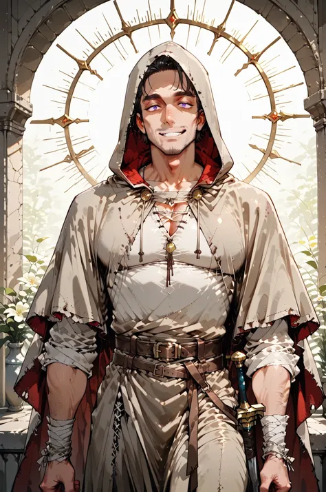 Solo; 1 man, African mature man, half_aged man, athletic body, wears a hooded cloak that drapes over a rugged tunic, giving off a medieval or fantasy vibe, straps and belts wrap around the waist, securing a sword at their side. The chest area of the garmen...