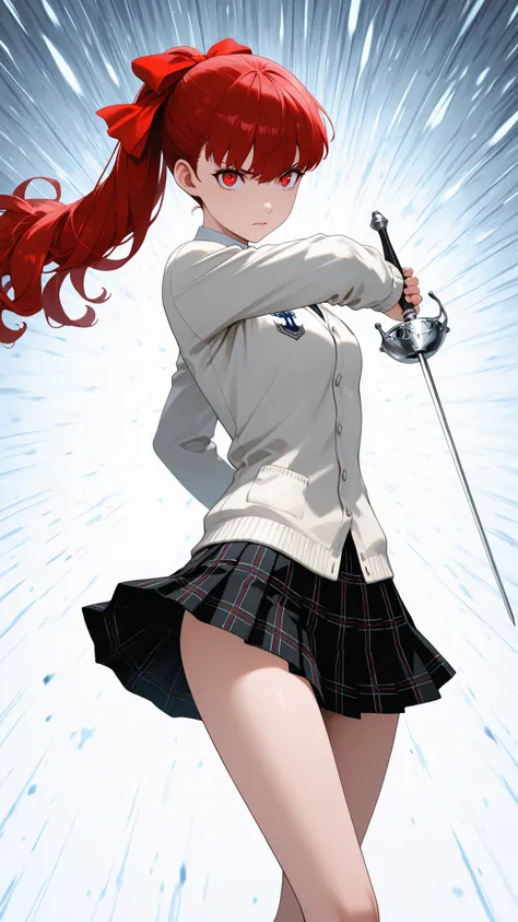 masterpiece,Rich color ,slender:1.2,cinematic lighting,1girl,throw,Rapier,dynamic pose,Beige school Cardigan:1.3,black Check skirt:1.3,Red Ribbon:1.2,medium chest, Red Eyes, red hair, high ponytail,red hair bow:1.7,serious expression,Naval School Sweater...