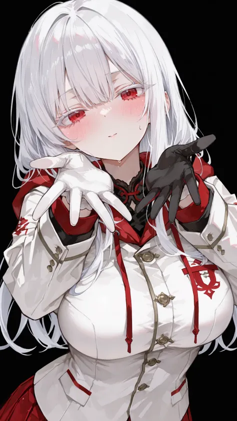 girl,white hair,in red eyes,long hair,slim,standing,White eyelashes,black background,ขี้ shy,upper body shape,กำลังshy, shy,shy, psychopaths ,slim,Big Breasts, Hoodie ,cute,sweats,Clothing Sleeves ,happy,,heartened,❤️,White suit,black gloves, white gloves,...
