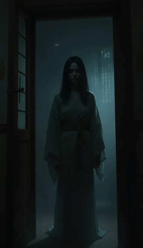Pale, expressionless Japanese woman standing in a dark corner, ((((long black hair covering part of her face)))), traditional kimono, eyes (faintly: x2) glowing, motionless, low light, realistic horror style, found-footage atmosphere,
