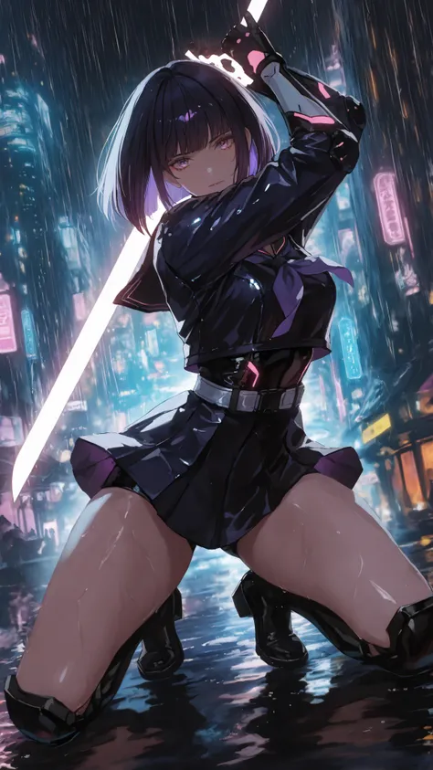 masterpiece, best quality, amazing quality, very aesthetic, high resolution, ultra-detailed, absurdres, newest,a cyberpunk female swordsman in in Black sailor suit, neon-lit rain, holographic city, dynamic sword pose, cold gaze, high-tech ninja elements, d...