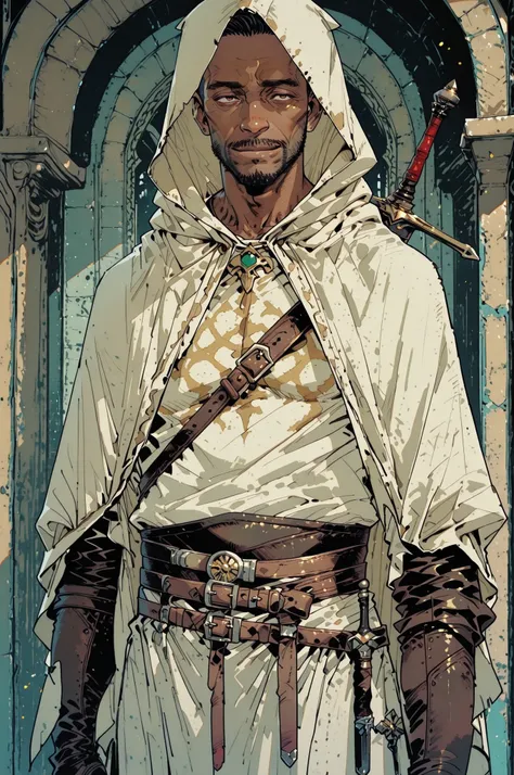 Solo; 1 man, mature man, half_aged man, African skin, wears a hooded cloak that drapes over a rugged tunic, giving off a medieval or fantasy vibe, straps and belts wrap around the waist, securing a sword at their side. The chest area of the garment is nota...